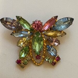 Vintage Colorful Butterfly Rhinestone Goldtone Brooch